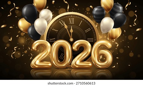 Cuenta regresiva del año Nuevo 2026: globos de oro y fondo de celebración del reloj romano