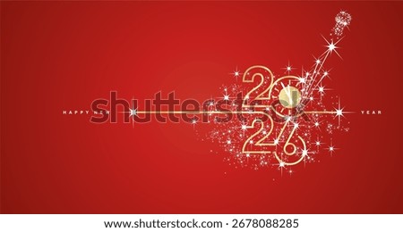 New Year 2026 countdown line design firework champagne gold white red background vector