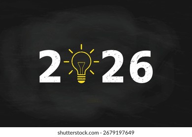 New Year 2026. Creative idea concept with light bulb on Chalkboard Background