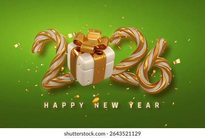 New Year 2026 Design With Candy Cane Numbers And Golden Gift Box On Green Background. Festive Holiday Greeting With Confetti And Celebration Elements. Vector Illustration.
