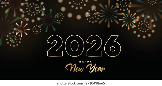 New Year 2026 design featuring golden outline numbers with colorful fireworks on a dark festive background. Perfect for greeting cards, banners, posters, and holiday celebration themes.