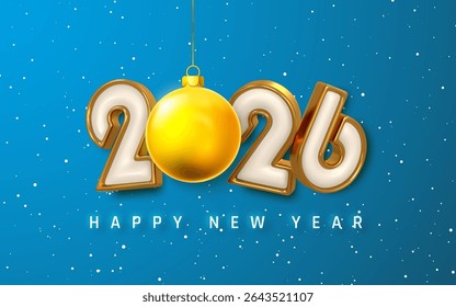 New Year 2026 Design With Hanging Golden Bauble, Snowfall, And Shiny 3D Numbers On Blue Background. Festive Winter Holiday Greeting Concept. Vector Illustration.