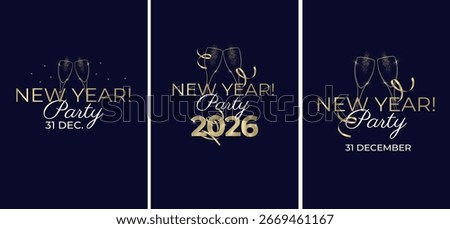 New Year 2026 event design templates. Elegant and modern style. Golden 2026 numbers and champagne glasses silhouette toasting. Vector illustration.
