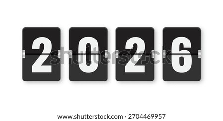 New Year 2026. Flip clock display showing the year 2026 in bold white numbers on black panels. Modern vector illustration of a split-flap countdown or calendar concept, isolated on white background.