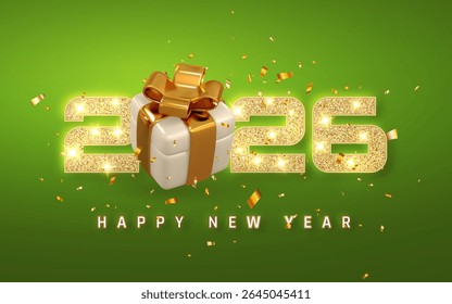 New Year 2026 Gift Box With Golden Bow And Sparkling Numbers On Green Background With Confetti. Perfect For Holiday Cards And Festive Designs. Vector Illustration.