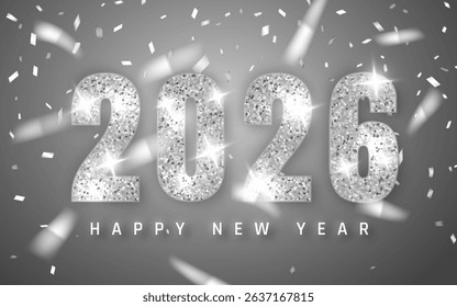 New Year 2026 Gold Glitter Numbers With Sparkling Lights And Confetti On A Soft Background. Luxury Holiday Party Celebration Concept For Greeting Cards And Banners. Vector Illustration.