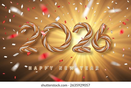 New Year 2026 Golden Candy Numbers with Confetti and Light Burst on Festive Background. Luxurious Holiday Party Celebration Design for Greeting Cards. Vector Illustration.