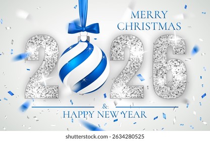 New Year 2026 Greeting with Glitter Numbers, Blue and White Christmas Ornament, Confetti, and Snowflakes on Light Background. Elegant Holiday Theme. Vector Illustration.
