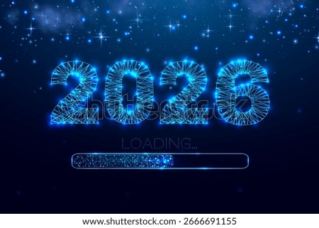 New year 2026 loading. Loading bar. Low poly style design. Numbers from a polygonal wireframe mesh. Abstract vector illustration on dark background