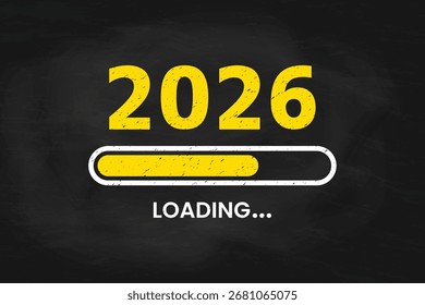 New Year 2026 Loading Concept with Solid Progress Bar on Chalkboard Background with Yellow Chalk Effect