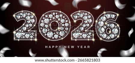 New Year 2026 luxurious numbers of diamond gemstones sparkling against a background of falling silver-colored confetti. 