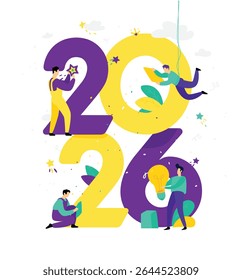 New year 2026. Meeting the new year. Vector. Business people greet Christmas and New Year. New Horizons. Preparation for the holiday. Business metaphors. Businessmen in different situations. 