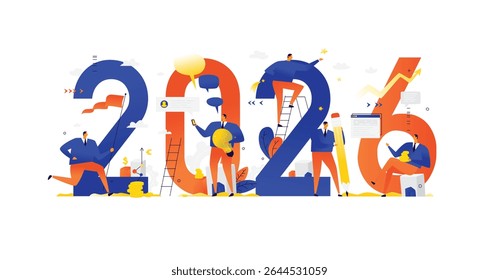 Nuevo año 2026. Conocer el nuevo año. Vector. La gente de negocios saluda a las Navidades y el Nuevo año. Horizontes Nuevos. Preparación para las vacaciones. Metáforas de negocios. Empresarios en diferentes situaciones.  