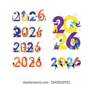 New year 2026. Meeting the new year. Vector. Business people greet Christmas and New Year. New Horizons. Preparation for the holiday. Business metaphors. Businessmen in different situations. 