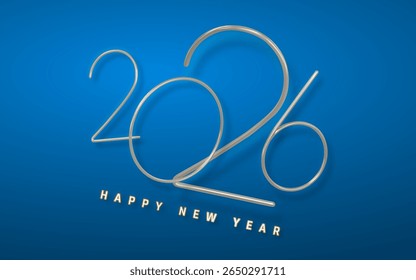 Nouvelle année 2026 Minimaliste Line Art Design sur fond bleu clair avec typographie métallique élégante pour voeux de fête ou de Bannière. Illustration vectorielle de style moderne.