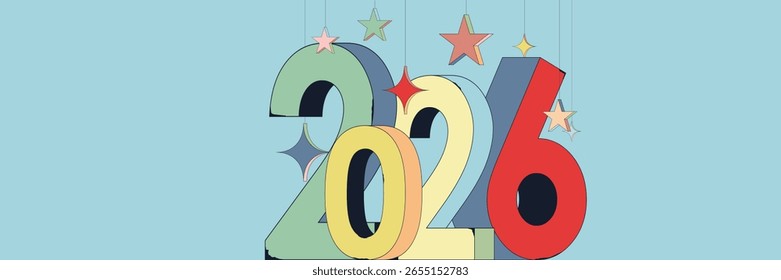 New Year 2026 number text Blue banner, background, poster, card, design. Simple Template Happy New Year cover, labels isolated on colorful wallpaper.