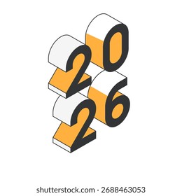 Nuevo año 2026 diseño de póster con números isométricos. Cartel de diseño simple en colores amarillo y negro