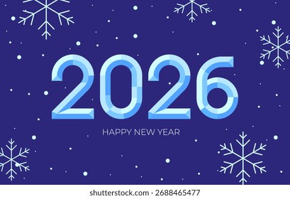 Projeto de pôster de Ano Novo 2026 com design floco de neve. Design de pôster estilizado simples para o Ano Novo