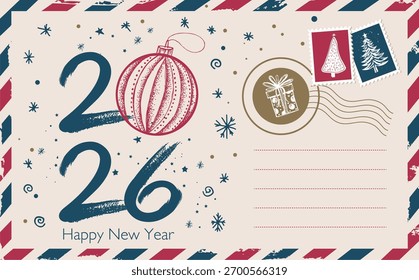 Nuevo año 2026 sobre fondo blanco. Dibujado a mano ilustración.