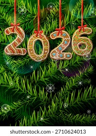 Nuevo año 2026 en forma de pan de jengibre contra ramas de pino. Número de año como las galletas en la cinta. Ilustración vectorial para la Navidad, el día de Año Nuevo, confitería, vacaciones de invierno, alimentos, silvestre, etc