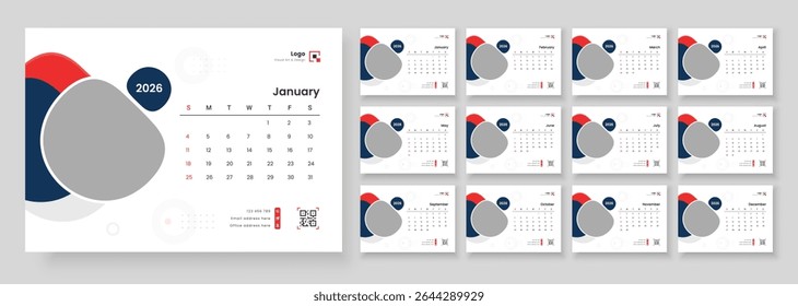 Calendário da tabela de Ano Novo 2026. Modelo de Calendário de Mesa 2026. Modelo minimalista do calendário de mesa 2026. A semana começa no domingo. 