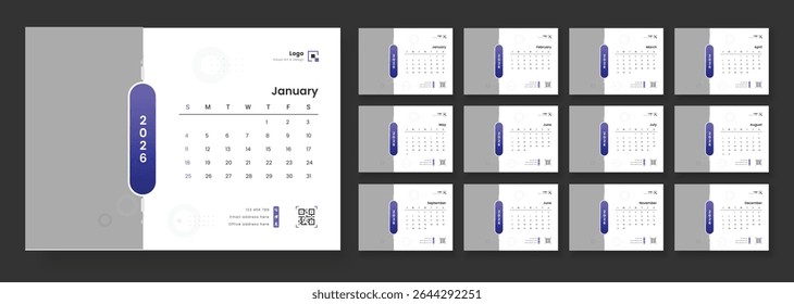 New Year 2026 table calendar. Desk Calendar 2026 template. Calendar template for 2026 with week start on Sunday. Planner simple, Stationery, printing media, vector.