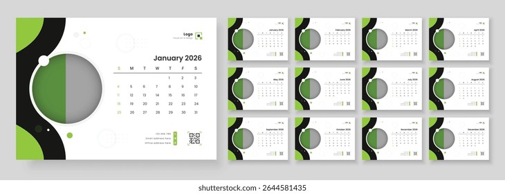 New Year 2026 table calendar. Desk Calendar 2026 template 12 months included. Week start on Sunday.