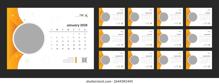 Calendário da tabela de Ano Novo 2026. Modelo de Calendário de Mesa 2026. Modelo de calendário para 2026 com início de semana no domingo.