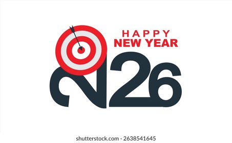 New Year 2026 Target concept. Greeting card and round target with arrow. New goals for next year and achieving success.