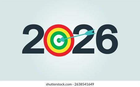 New Year 2026 Target concept. Greeting card and round target with arrow. New goals for next year and achieving success.