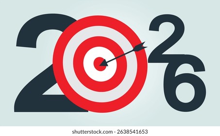 New Year 2026 Target concept. Greeting card and round target with arrow. New goals for next year and achieving success.
