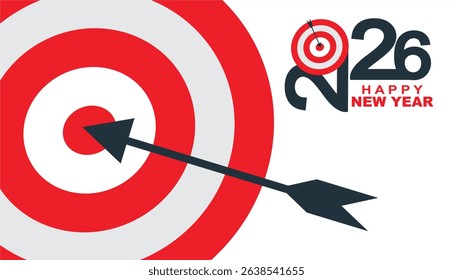 New Year 2026 Target concept. Greeting card and round target with arrow. New goals for next year and achieving success.