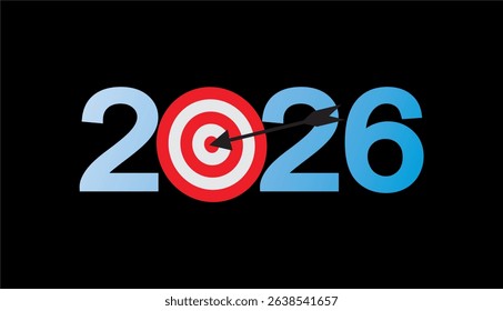 New Year 2026 Target concept. Greeting card and round target with arrow. New goals for next year and achieving success.