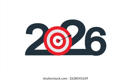 New Year 2026 Target concept. Greeting card and round target with arrow. New goals for next year and achieving success.