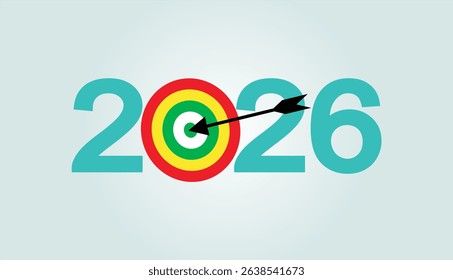 New Year 2026 Target concept. Greeting card and round target with arrow. New goals for next year and achieving success.