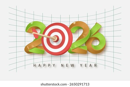New Year 2026 Target Concept with Dartboard and Arrow Symbolizing Goals, Focus, and Success. Ideal for Business and Holiday Themes. Modern 3D Design. Vector Illustration.