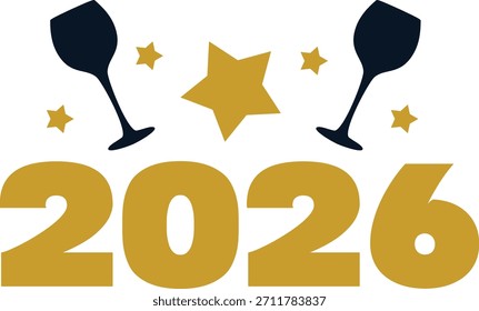 Nuevo año 2026 tipografía de texto diseño de frase para camisetas y ropa sobre fondo aislado transparente blanco liso para camisa, sudadera con capucha, sudadera, tarjeta, etiqueta, taza, ícono, póster o insignia