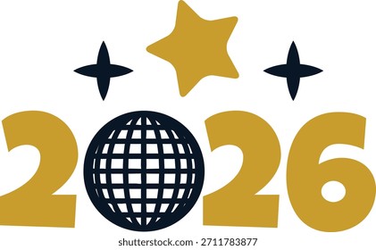 Nuevo año 2026 tipografía de texto diseño de frase para camisetas y ropa sobre fondo aislado transparente blanco liso para camisa, sudadera con capucha, sudadera, tarjeta, etiqueta, taza, ícono, póster o insignia