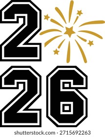 Nuevo año 2026 tipografía de texto diseño de frase para camisetas y ropa sobre fondo aislado transparente blanco liso para camisa, sudadera con capucha, sudadera, tarjeta, etiqueta, taza, ícono, póster o insignia