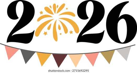 Nuevo año 2026 tipografía de texto diseño de frase para camisetas y ropa sobre fondo aislado transparente blanco liso para camisa, sudadera con capucha, sudadera, tarjeta, etiqueta, taza, ícono, póster o insignia