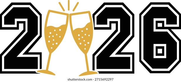 Nuevo año 2026 tipografía de texto diseño de frase para camisetas y ropa sobre fondo aislado transparente blanco liso para camisa, sudadera con capucha, sudadera, tarjeta, etiqueta, taza, ícono, póster o insignia