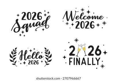 New Year 2026 Typography Bundle - Hand-Drawn Lettering Designs Featuring Squad, Welcome, Hello and Finally Quotes