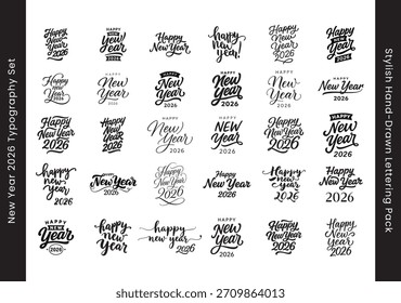 New Year 2026 Typography Set Stylish Hand-Drawn Lettering Pack