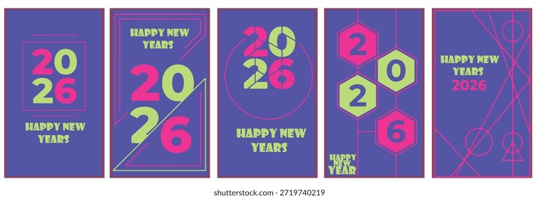 Nuevo año 2026 cartel gráfico moderno de Vector con números apilados, tipografía colorida, fondo festivo, diseño de celebración