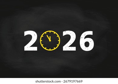 Nuevo año 2026. Reloj de pared sobre fondo de pizarra