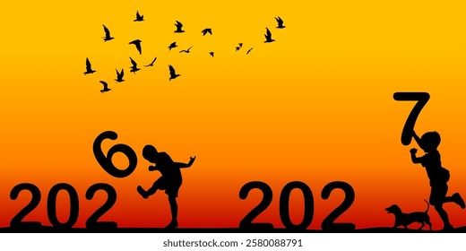 New Year 2027 background design with silhouette of a boy kicking the number 6 of 2026 and another boy holding the number 7 of 2027