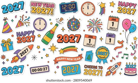 New Year 2027 sticker set with party icons and festive elements