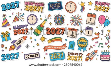 New Year 2027 sticker set with party icons and festive elements