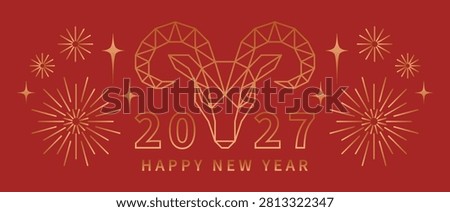 New Year 2027. Vector design with year symbol Goat, stars and fireworks in geometric minimal style with golden lines.
 

