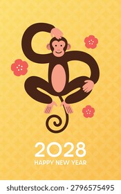 New Year 2028 funny monkey vertical card template. Funny macaque monkey with floral background.